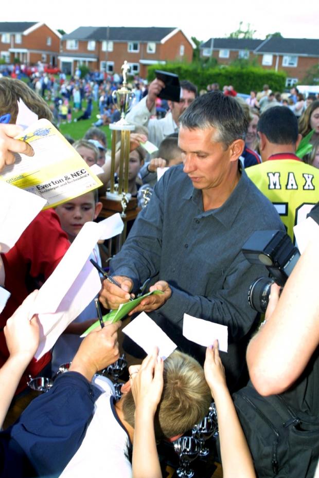 Border Counties Advertizer: The final of the Graham Edwards Trophy at Gobowen Playing Fields. Gary Lineker presented the trophy to the winning team and signed autographs for the large crowd who attended..